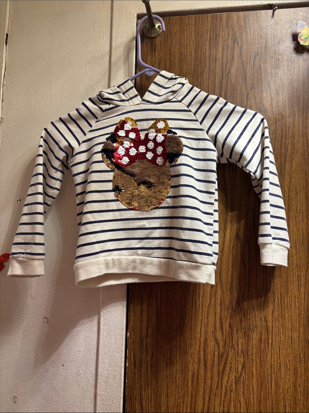 Striped Hooded Sequin Bear Sweatshirt - White & Navy